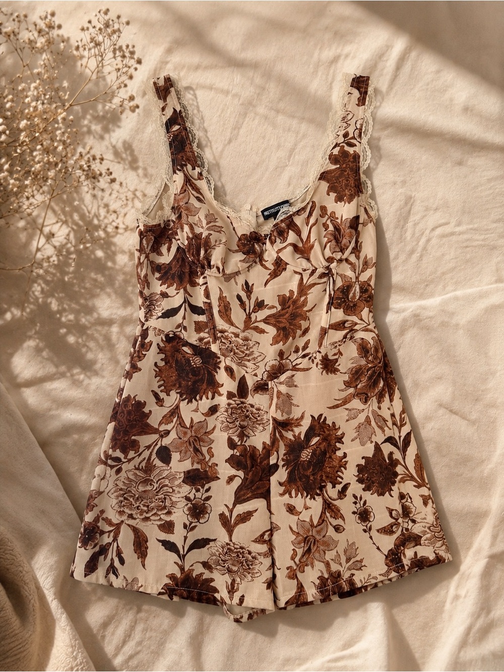 PrettyLittleThing Cream and Brown Floral Lace-Trim Playsuit